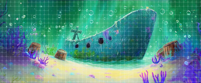 Sunken shipwreck digital theatre background in a green underwater cave with bubbles, rusty barrels, pale sand, and aquatic light for The Little Mermaid, ocean adventures, projection, and LED screens.