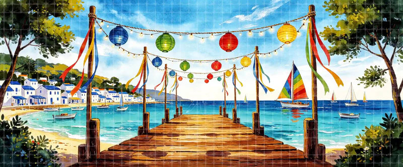 Festive seaside pier digital stage backdrop with colorful lanterns, ribbons, string lights, turquoise harbor, and sailboats for Mamma Mia!, summer musicals, dance recitals, and projection.