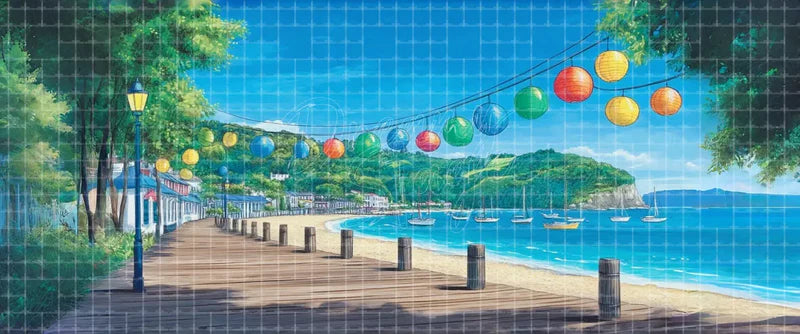 Coastal boardwalk digital theatre background with colorful hanging lanterns, sandy beach, turquoise bay, hillside village, and sailboats for Mamma Mia!, summer shows, dance recitals, and projection.