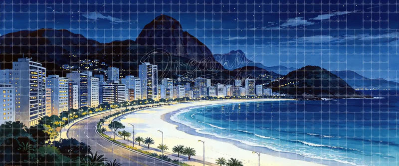 Night coastal city digital stage backdrop with illuminated beachfront, curved road, modern skyline, dark mountains, blue ocean, and stars for contemporary musicals, dance shows, projection, and LED screens.