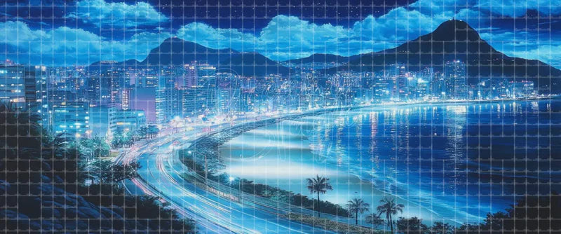 Modern illuminated coastal city digital theatre background with reflective bay, bright towers, light trails, palm trees, mountains, and blue night sky for contemporary shows, concerts, projection, and LED screens.