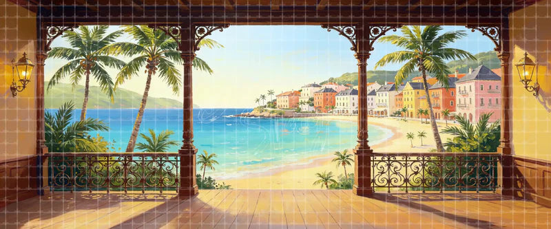 Tropical veranda digital stage backdrop with carved arches, iron railings, palm trees, lanterns, colorful seaside town, sandy beach, and turquoise bay for Mamma Mia!, summer musicals, and projection.