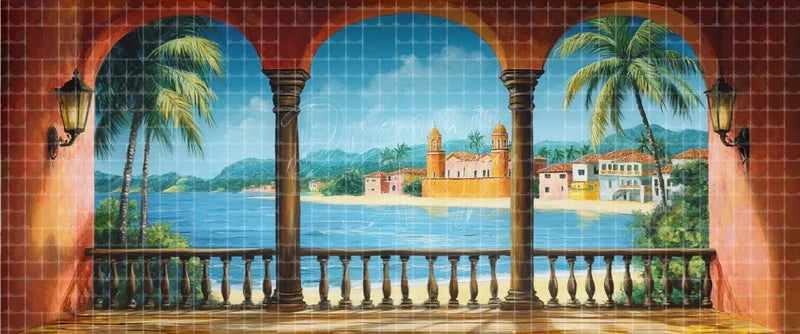 Arched tropical balcony digital theatre background with columns, balustrade, palms, lanterns, coastal village, church, blue bay, and green hills for Mamma Mia!, romantic theatre, and projection.