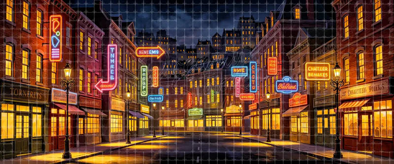 Neon Broadway theatre district night street stage backdrop with glowing marquees, brick buildings, vintage lamps, and warm windows for musicals, dance recitals, school theatre, and community productions.