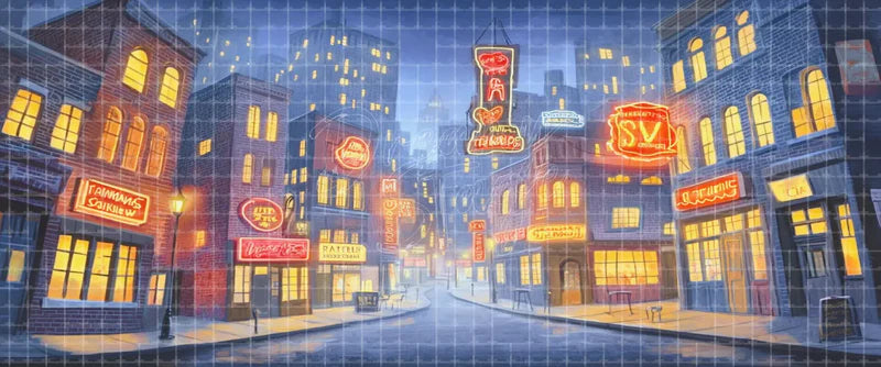 Rainy neon downtown street at night stage background with wet pavement, glowing shop windows, brick buildings, and vintage signs for urban musicals, plays, and projection scenery.
