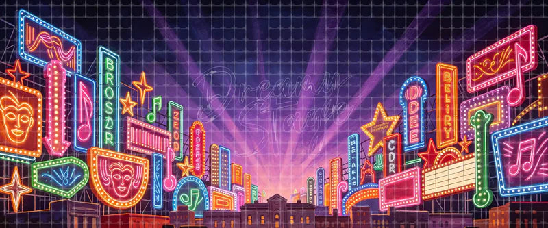 Colorful Broadway neon signs and music marquee stage backdrop with theatre masks, stars, and glowing musical symbols for show choir, dance recital, musical theatre, and concert stages.