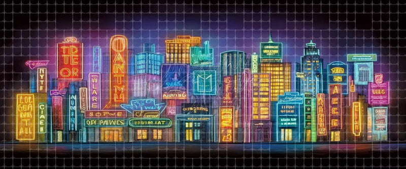 Retro neon theatre district city skyline night stage background with colorful signs, glowing buildings, and vintage downtown nightlife for musicals, concerts, and dance performances.