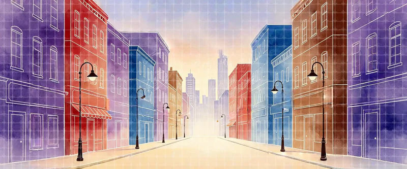 Colorful watercolor downtown street cityscape stage backdrop with multicolored buildings, black streetlamps, and distant skyscrapers for modern plays, school theatre, and dance stages.