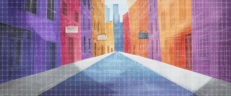 Abstract colorful urban alley perspective stage background with purple, pink, orange, and blue buildings for contemporary theatre, dance performances, projection scenery, and city scenes.