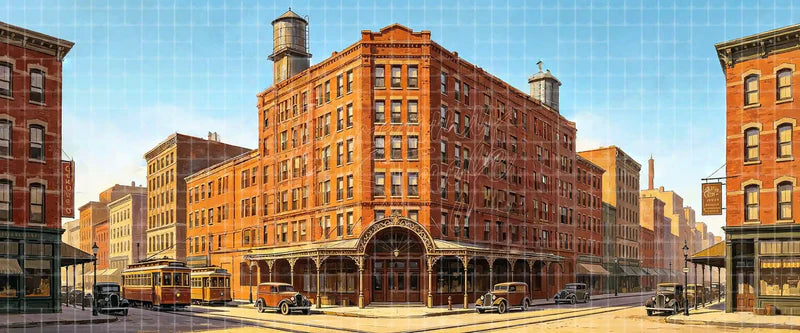Vintage 1930s city intersection stage backdrop with red-brick buildings, streetcars, classic cars, storefronts, and water towers for period musicals and historical theatre scenery.