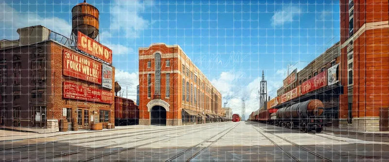 Industrial railway district stage background with brick factories, warehouse buildings, freight trains, rail tracks, and smokestacks for historical musicals and urban theatre scenes.