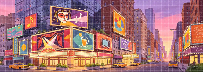 Broadway theatre avenue sunset stage backdrop with glowing marquees, entertainment billboards, city buildings, and yellow taxis for musical theatre, school productions, and dance recitals.