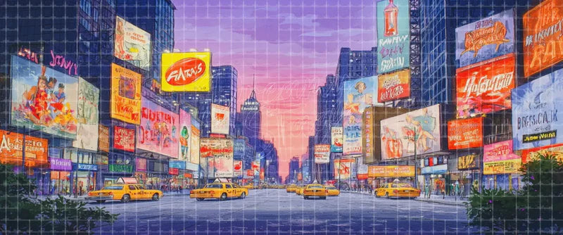 Times Square city street at dusk stage background with bright billboards, yellow taxis, crowds, and skyscrapers for contemporary musicals, dance shows, and Broadway projection scenery.