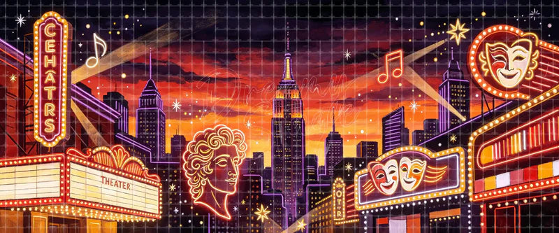 Broadway theatre district sunset stage backdrop with neon comedy masks, music notes, theatre marquees, and New York skyline for musicals, concerts, dance recitals, and show choir.