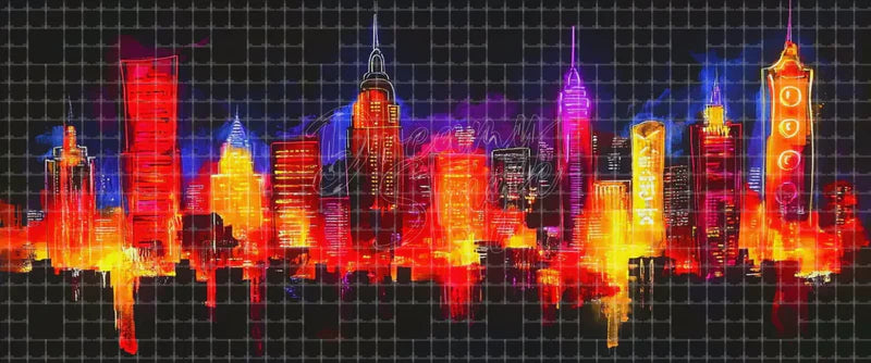 Abstract neon city skyline at night stage background with glowing red, orange, yellow, purple, and blue skyscrapers for concerts, dance performances, modern theatre, and LED screens.