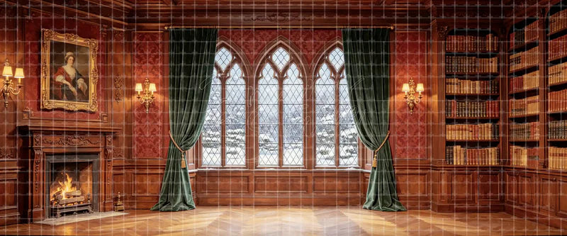 Dark wood Gothic library stage backdrop with fireplace, bookshelves, portrait, green velvet curtains, and snowy windows for mystery plays, period drama, and winter musical scenery.