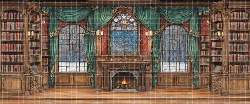 Grand Victorian library stage background with carved bookshelves, fireplace, arched windows, stained glass, and green curtains for classic musicals, mystery plays, and period theatre.