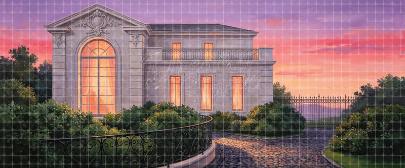 Elegant mansion exterior sunset stage backdrop with glowing windows, formal garden, curved driveway, balcony, and iron gate for period musicals, ballroom stories, and estate scenes.