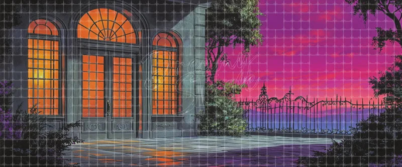 Romantic mansion terrace stage background with French doors, iron railing, garden greenery, and purple sunset for ballroom musicals, love scenes, period drama, and dance productions.