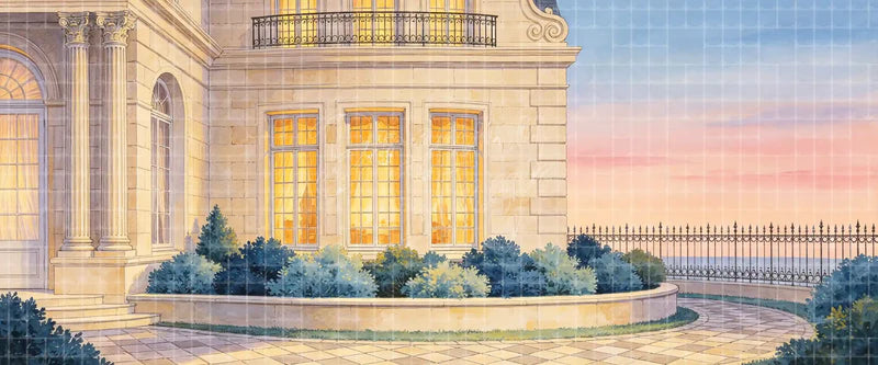 Classical mansion garden exterior stage backdrop with columns, balcony, glowing windows, hedges, and paved courtyard for period plays, elegant musicals, and estate projection scenery.