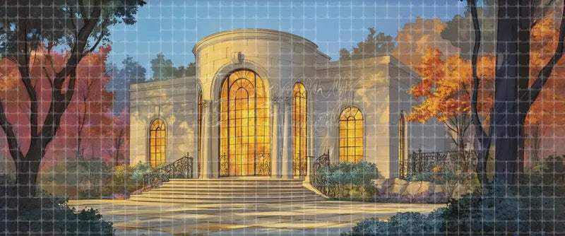 Modern estate exterior autumn stage background with glowing arched windows, landscaped stairs, ornamental railings, and fall trees for contemporary plays, events, and elegant theatre scenes.