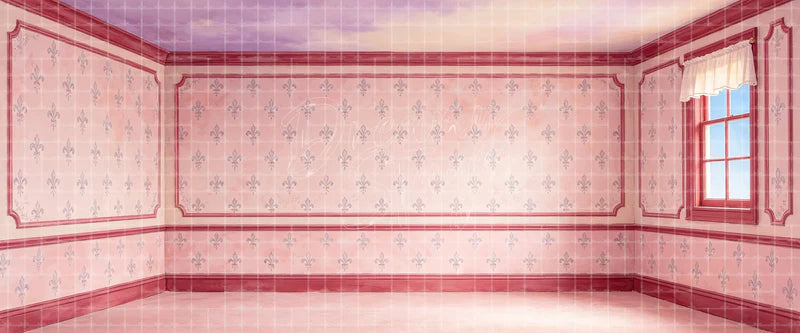 Pink fleur-de-lis empty room interior stage backdrop with decorative wall panels and side window for bedroom scenes, youth musicals, comedy plays, dance recitals, and projection use.