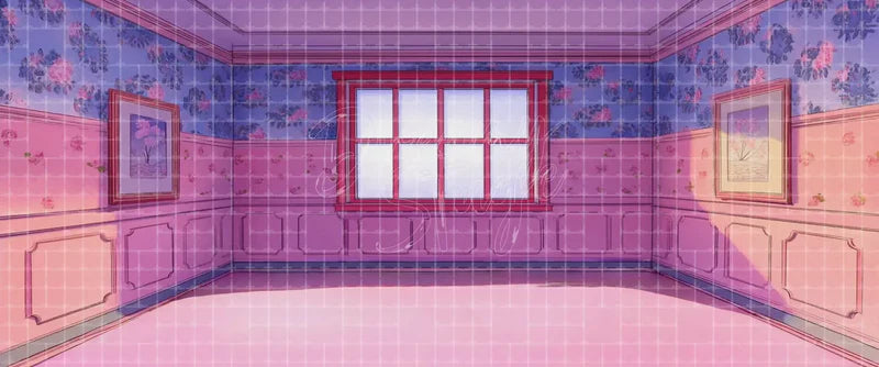 Pink and purple floral bedroom interior stage background with framed pictures, paneled walls, and center window for teen musicals, children’s theatre, dance recitals, and projection scenery.