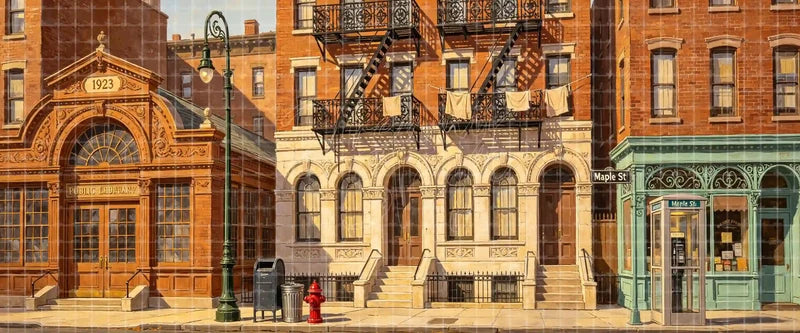 Vintage Maple Street city stage backdrop with a 1923 public library, brick brownstones, fire escapes and phone booth for school musicals and theatre productions.