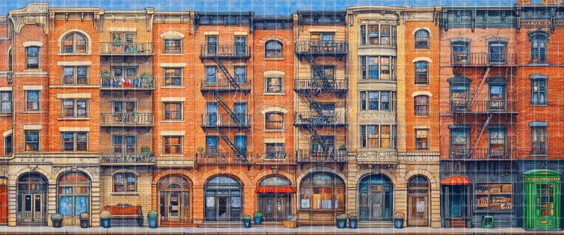 Classic brick apartment row stage backdrop with balconies, fire escapes and storefronts for urban musicals, school theatre and community productions.