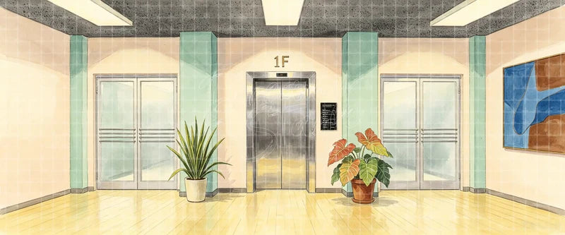Modern first-floor elevator lobby stage backdrop with glass doors, plants and polished floor for school plays, office scenes and contemporary musicals.