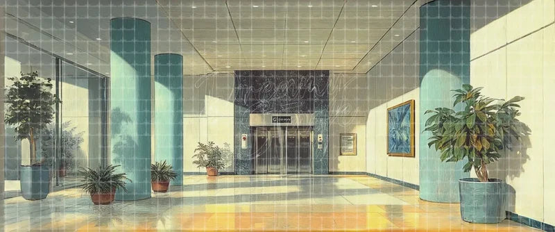Contemporary office elevator lobby stage backdrop with teal columns, plants and glass walls for theatre productions, school shows and modern musicals.