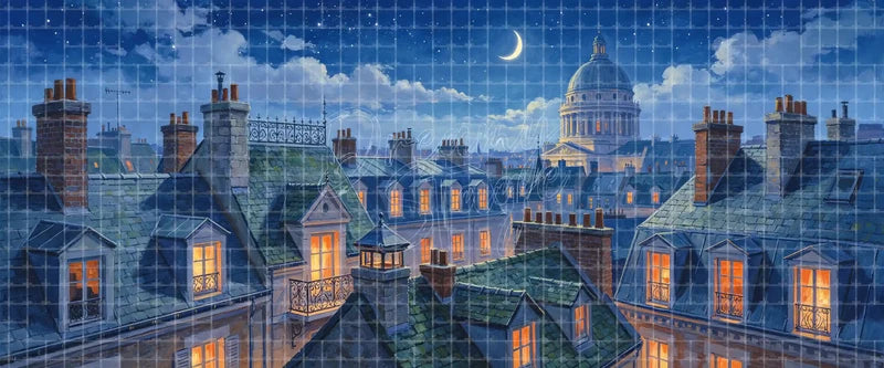 Moonlit European rooftops stage backdrop with chimneys, glowing windows, crescent moon and domed skyline for ballet, musicals and romantic night scenes.