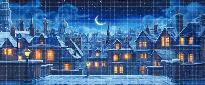 Snowy moonlit European rooftop stage backdrop with glowing windows, chimneys and crescent moon for holiday theatre, ballet and school musicals.
