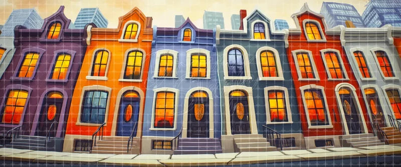 Warm townhouse row stage backdrop with glowing windows, colorful facades and city skyline for contemporary musicals, school theatre and community plays.