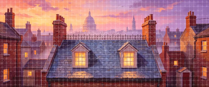 Sunset European rooftops stage backdrop with chimneys, glowing attic windows and domed skyline for period musicals, ballet and romantic theatre scenes.