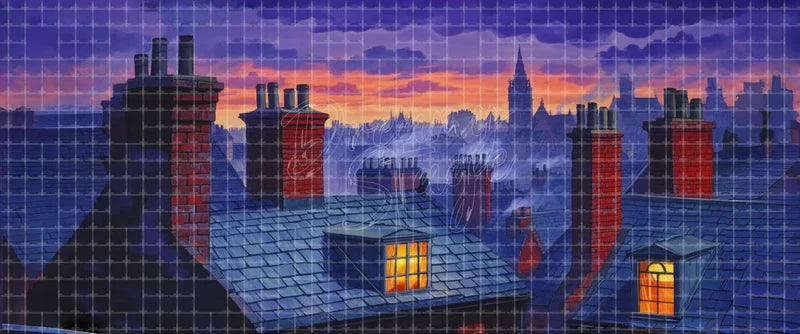Twilight rooftop city skyline stage backdrop with brick chimneys, glowing windows and distant towers for musicals, ballet, school theatre and dance recitals.