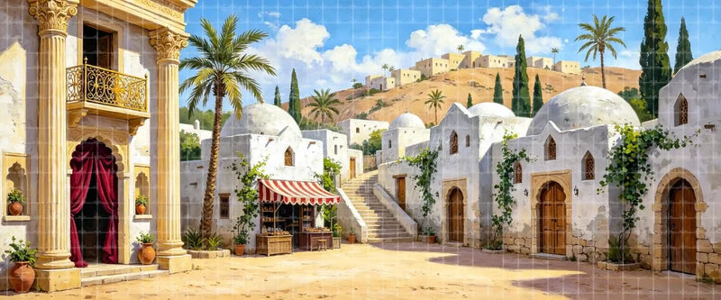 Middle Eastern white dome village stage backdrop with palms, market stall and palace entrance for VBS, Bible stories, school theatre and church productions.