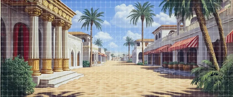 Palm-lined Mediterranean market street stage backdrop with white buildings, striped awnings and columns for VBS, Bible stories and school theatre.