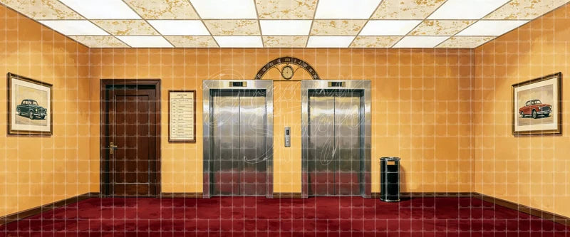 Retro double elevator lobby stage backdrop with metal doors, clock, framed art and red carpet for hotel scenes, school musicals and theatre productions.