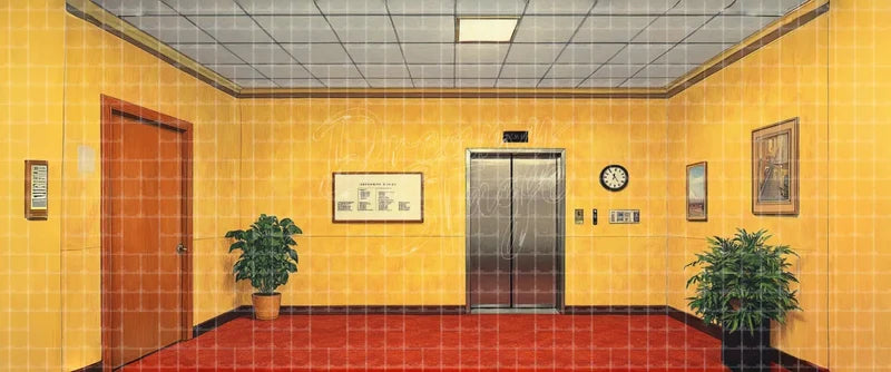 Vintage hotel elevator hallway stage backdrop with lift, clock, directory, plants and red carpet for theatre comedies, school musicals and office scenes.
