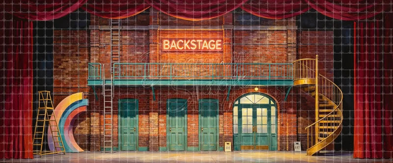 Theatre backstage stage backdrop with red brick wall, neon BACKSTAGE sign, catwalk, ladders and spiral staircase for school musicals and dance recitals.