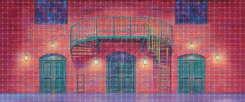 Industrial backstage brick interior stage backdrop with teal doors, catwalk and spiral staircase for theatre productions, school musicals and dance recitals.