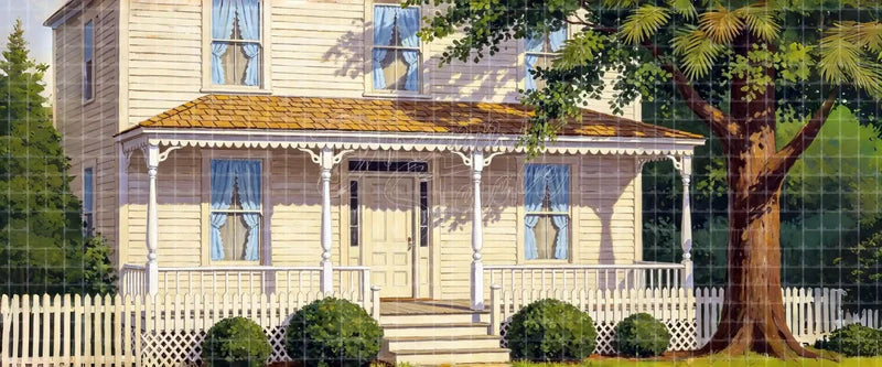 Classic Victorian farmhouse porch stage backdrop with white picket fence, red roof and shade tree for school musicals, community theatre and family plays.