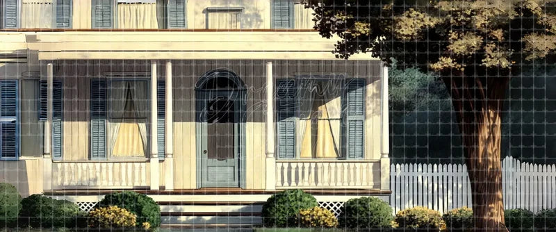 Traditional American house porch stage backdrop with pale siding, shutters, picket fence and large tree for school musicals, family plays and community theatre.