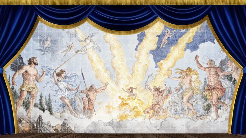 Celestial fresco digital stage backdrop with mythic figures, golden clouds, heavenly sky light, and classical painted scenery for A Midsummer Night's Dream theatre productions.