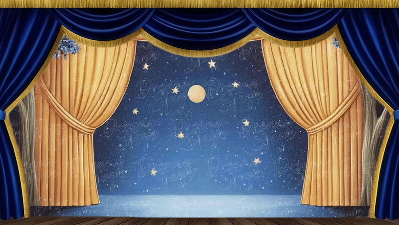 Golden curtains opening to a starry night digital stage backdrop with moonlit sky, theatrical drapery, and dreamlike Shakespeare scenery.