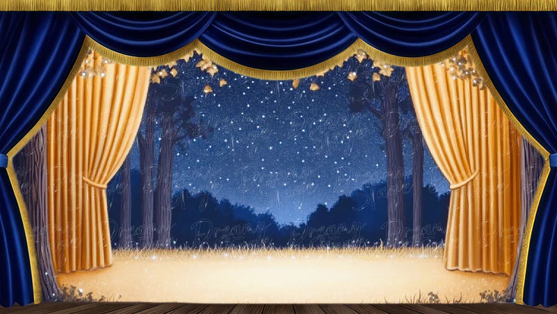 Golden curtains framing a moonlit landscape digital stage backdrop with night sky, distant trees, and classical theatrical scenery.