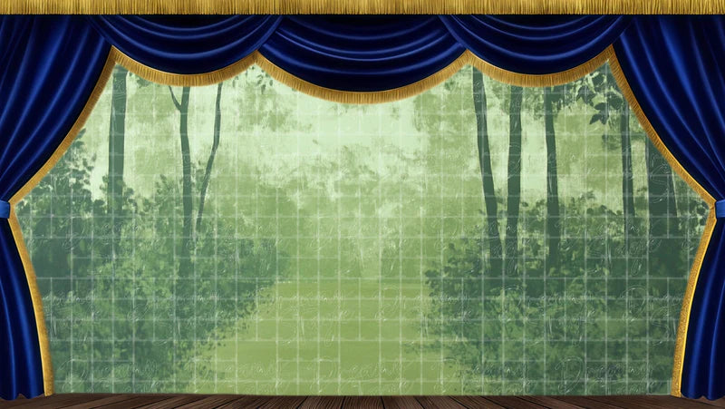 Soft green woodland digital stage backdrop with mist, tall trees, and dreamy forest scenery for Shakespeare and enchanted theatre productions.