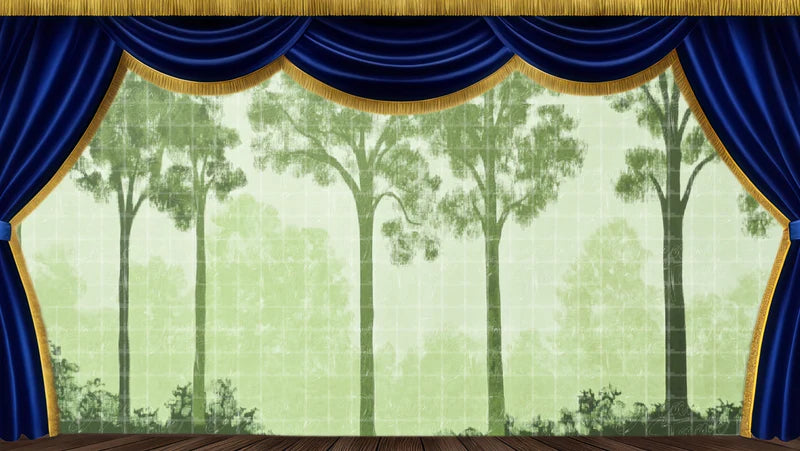 Pale forest silhouette digital stage backdrop with soft green light, dreamy trees, and magical woodland atmosphere for Shakespeare theatre.