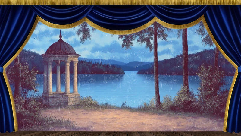 Lakeside pavilion digital stage backdrop at dusk with trees, water, garden scenery, and classical romantic theatre setting.